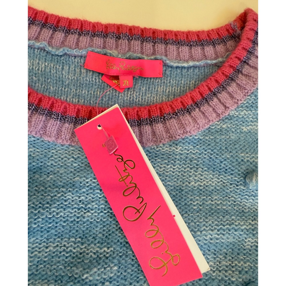 Lilly Pulitzer Verna Sweater XL Blue Pink Pom Pom Knit Grannycore Coastal Preppy - Picture 2 of 3